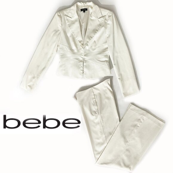 Bebe White Pant Suit w/Subtle Striped Pattern | Size 6 Jacket | Size 4 Pants - Picture 1 of 12